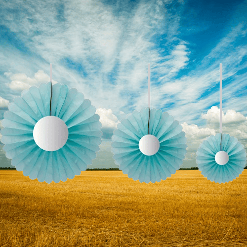 Yelpaze Süs Mavi Papatya 3lü set Ortası Gold Varaklı 20-30-40cm Doğum günü Baby Shower