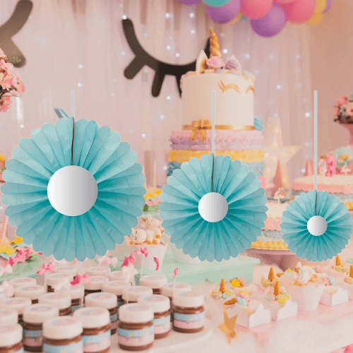 Yelpaze Süs Mavi Papatya 3lü set Ortası Gold Varaklı 20-30-40cm Doğum günü Baby Shower