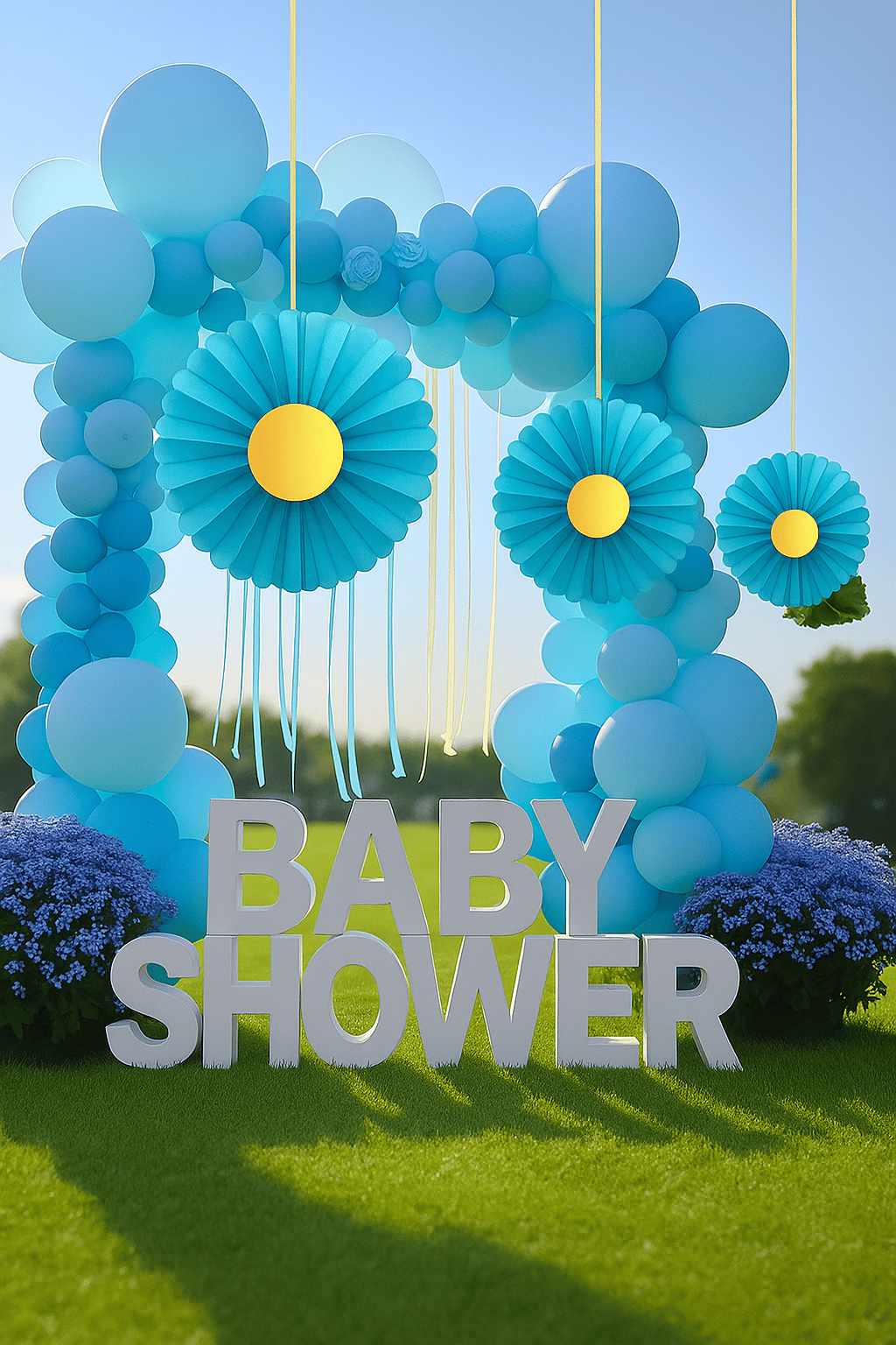 Yelpaze Süs Mavi Papatya 3lü set Ortası Gold Varaklı 20-30-40cm Doğum günü Baby Shower