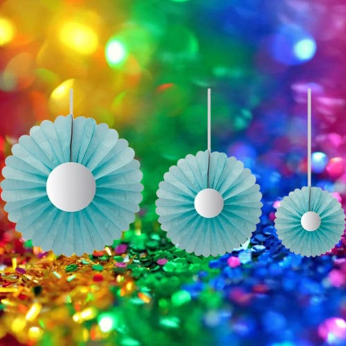 Yelpaze Süs Mavi Papatya 3lü set Ortası Gold Varaklı 20-30-40cm Doğum günü Baby Shower