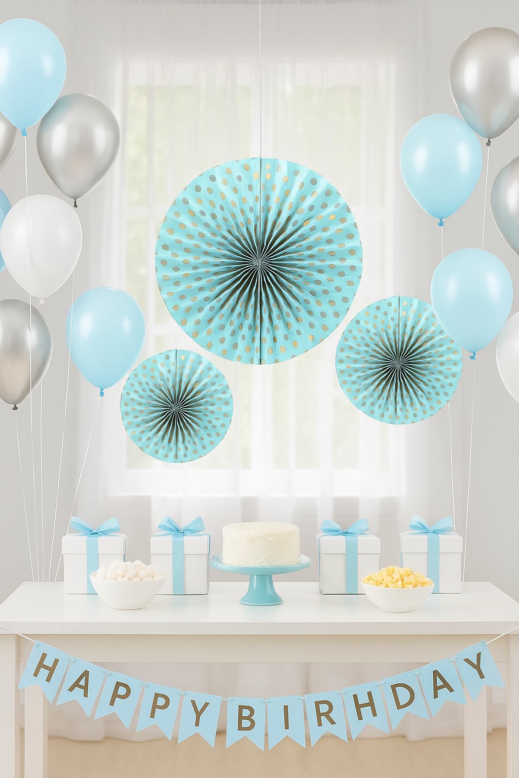 Yelpaze Süs seti 3 lü Set Gümüş-Altın Varak Puantiyeli Doğum Günü-Baby Shower 20-30-40 cm