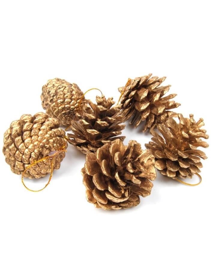Yılbaşı ağaç  kozalak 4cm 6lı vernikli altın karlı