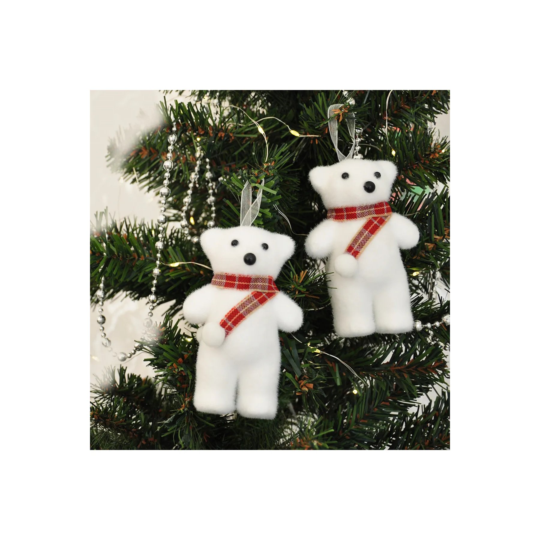 Yılbaşı ağaç süsü 2li beyaz ayıcık  gümüş-kırmızı atkılı