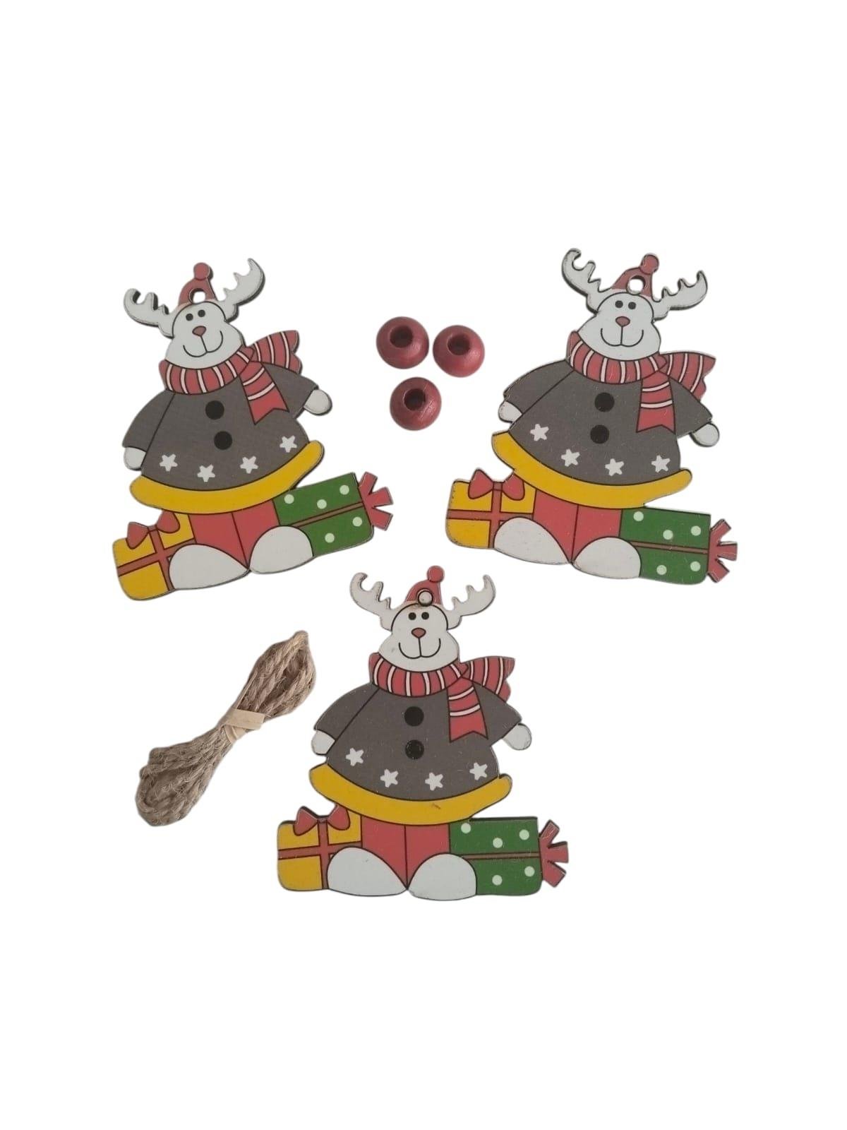 Yılbaşı Ağaç Süsü Ahşap Mdf 3lü Paket 7x7,5cm Geyik Boncuklu Jüt İpli