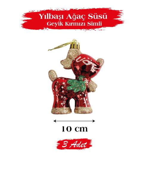 Yılbaşı Ağaç Süsü Geyik Kırmızı Simli 10 Cm 3 Parç