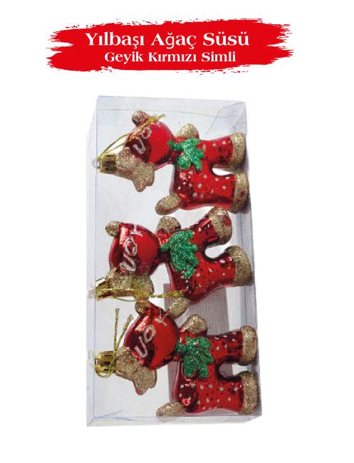 Yılbaşı Ağaç Süsü Geyik Kırmızı Simli 10 Cm 3 Parç