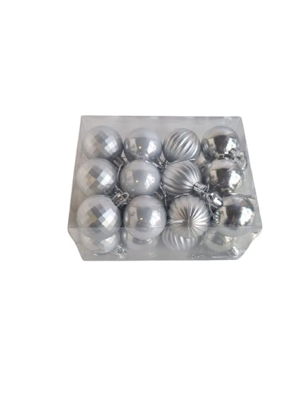 Yılbaşı Ağaç Süsü top süs 4 cm 4 model 24 lü gümüş Pvc Kutulu Set