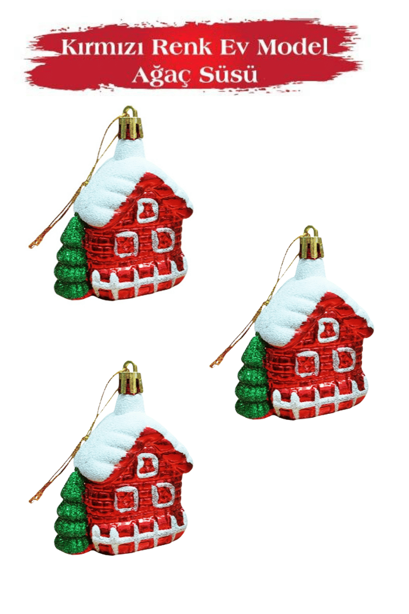 Yılbaşı Ağaç Süsü Yeşilli Ev Model 8 Cm 3 Parça