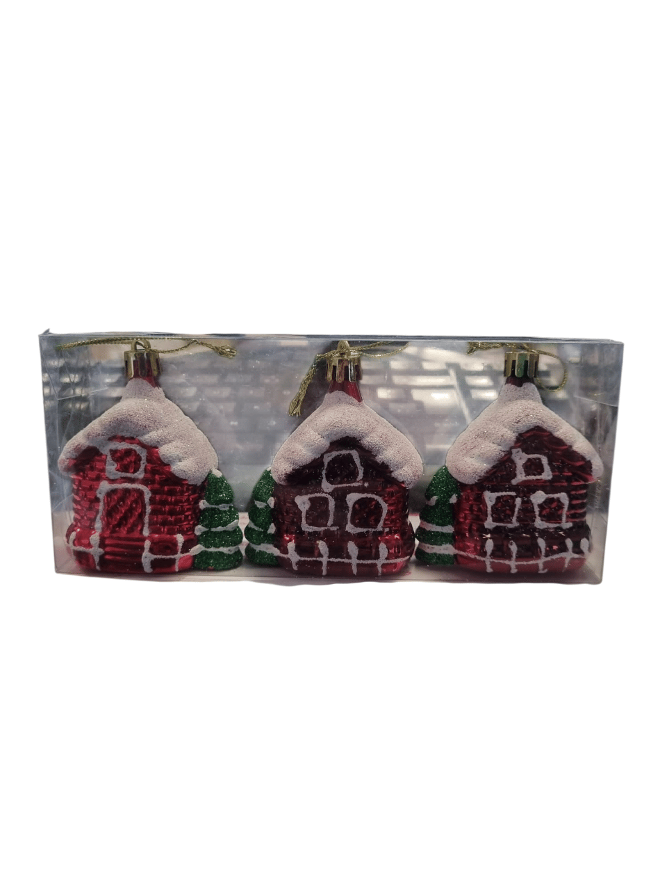 Yılbaşı Ağaç Süsü Yeşilli Ev Model 8 Cm 3 Parça