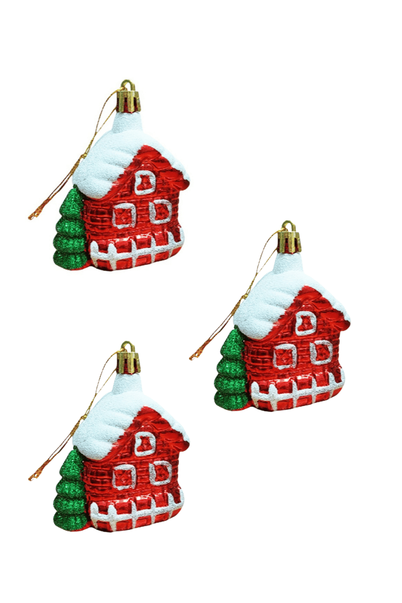 Yılbaşı Ağaç Süsü Yeşilli Ev Model 8 Cm 3 Parça