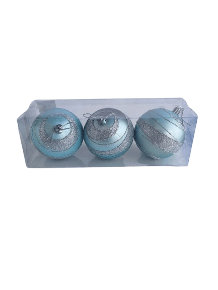 Yılbaşı Çam Ağacı Top Süs 8cm x 3 adet Simli  Şeritli Açık Mavi Kaliteli Parlak Ağaç Süsü