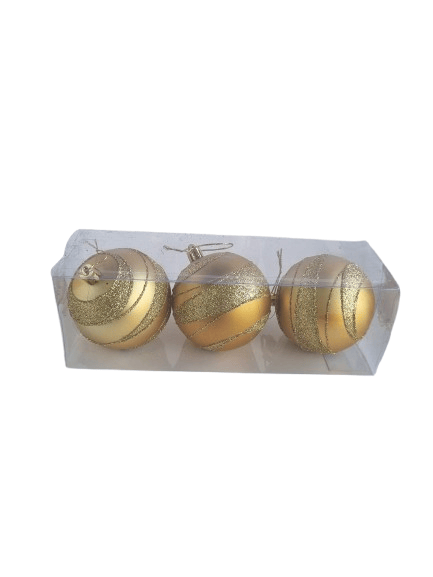 Yılbaşı Çam Ağacı Top Süs 8cm x 3 adet Simli Şeritli Gold Kaliteli Parlak Ağaç Süsü