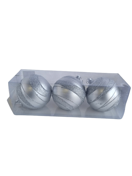 Yılbaşı Çam Ağacı Top Süs 8cm x 3 adet Simli Şeritli Gümüş Kaliteli Parlak Ağaç Süsü