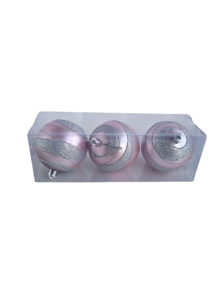 Yılbaşı Çam Ağacı Top Süs 8cm x 3 adet Simli  Şeritli Pembe Kaliteli Parlak Ağaç Süsü