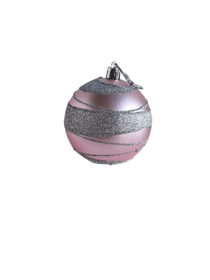 Yılbaşı Çam Ağacı Top Süs 8cm x 3 adet Simli  Şeritli Pembe Kaliteli Parlak Ağaç Süsü