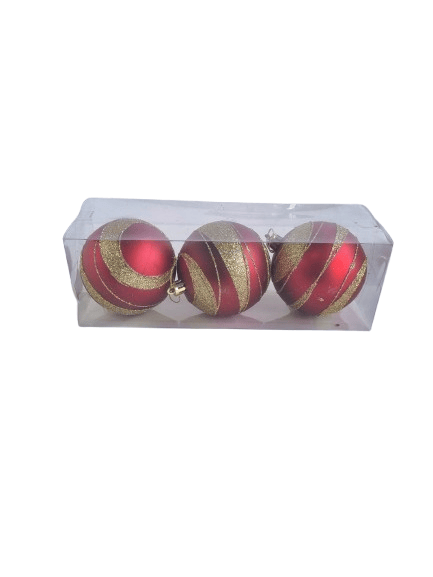 Yılbaşı Çam Ağacı Top Süs 8cm x 3 adet Simli Şeritli Açık Kırmızı Kaliteli Parlak Ağaç Süsü