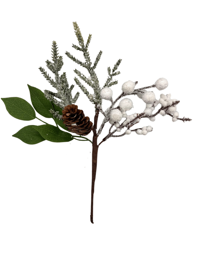 Yılbaşı Çam Dalı Beyaz Berry Çiçekli Kozalaklı 28 