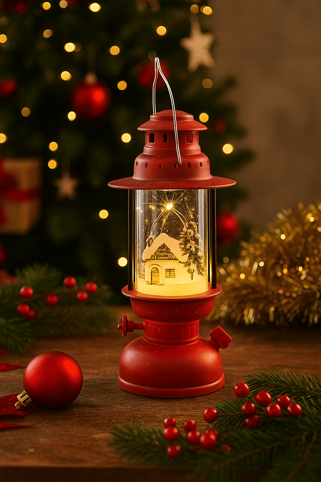 Yılbaşı Fener14cm KIRMI. Işık Gaz lambası desenli