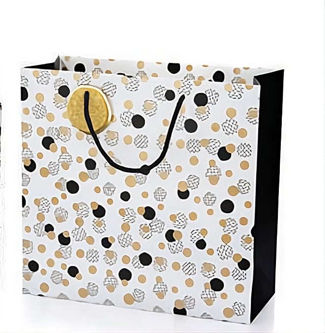 Yılbaşı Hediye Black White Gold Simli Puantiyeli 33X32X14cm sapında özel figürlü Lüks Karton çanta