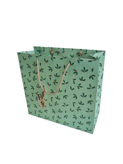 Yılbaşı Hediyelik  Karton Çanta 33x32x14cm Yeşil Yaprak Desenli Varaklı lüks çanta 