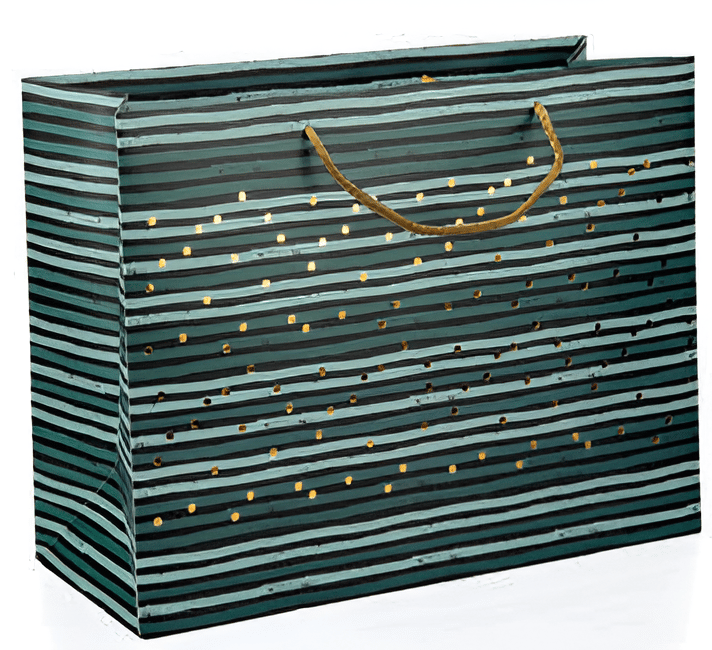 Yılbaşı Hediyelik Lüks Karton Çanta 44x35x18cm Hasır ip saplı Yeşil gold Puantiyeli