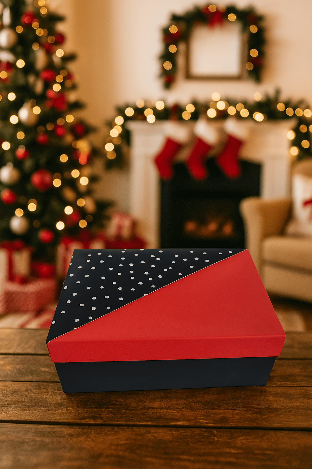 Yılbaşı Hediyelik Lüks Karton Kutu Cebli Dikdörtgen 19x26x11cm Kırmızı-Siyah Puantiyeli
