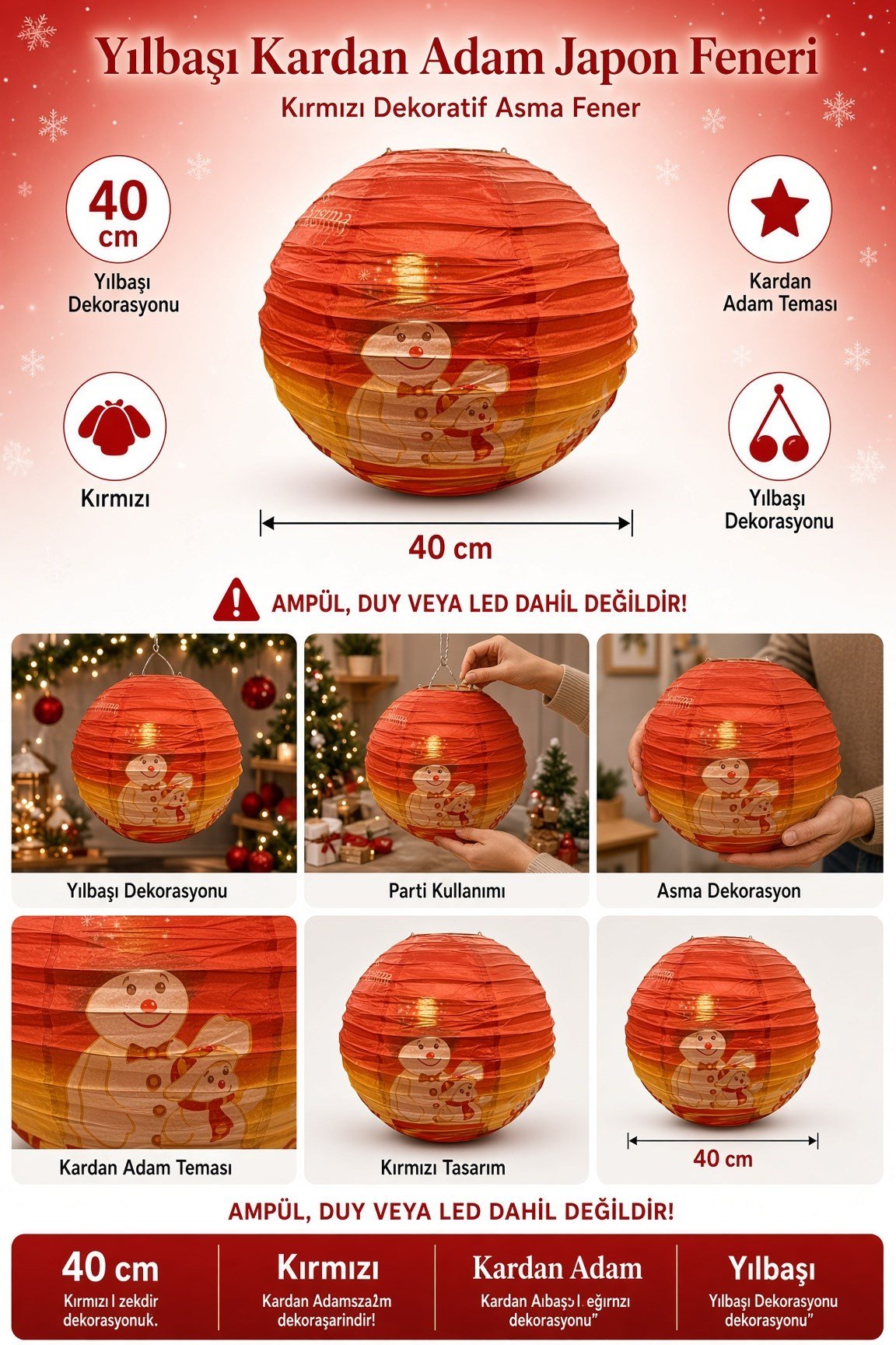 Yılbaşı Japon Feneri 40 Cm Kırmızı Temalı