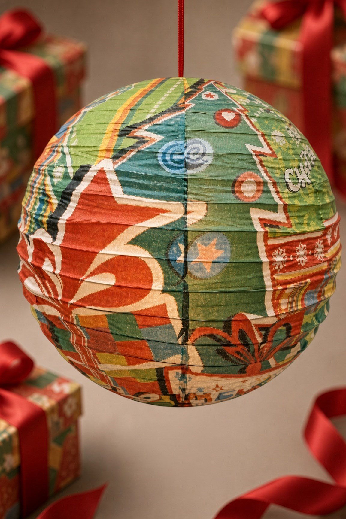 Yılbaşı Japon Feneri 40 Cm Renkli Hediye Paket Temalı KIRMIZILI