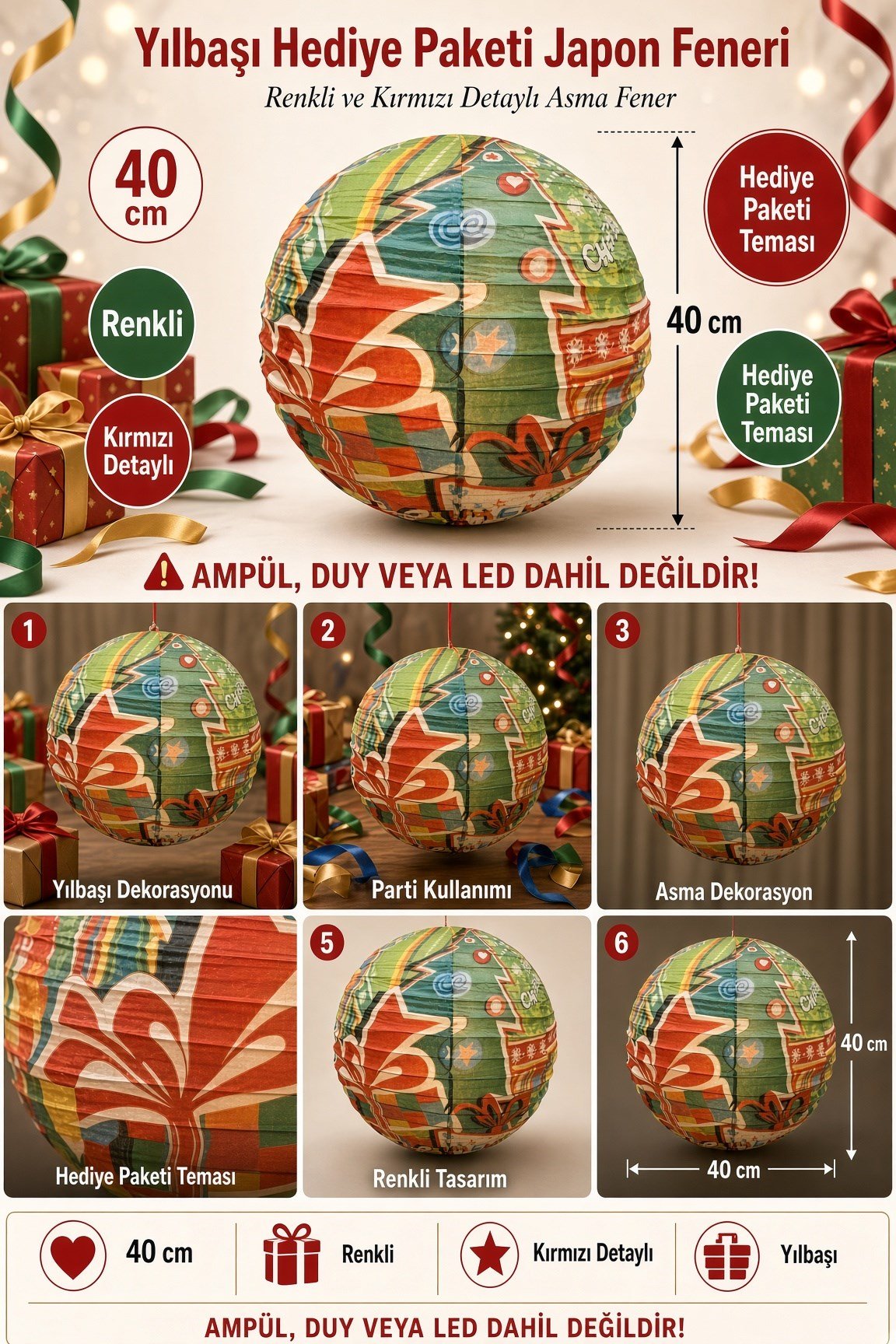 Yılbaşı Japon Feneri 40 Cm Renkli Hediye Paket Temalı KIRMIZILI