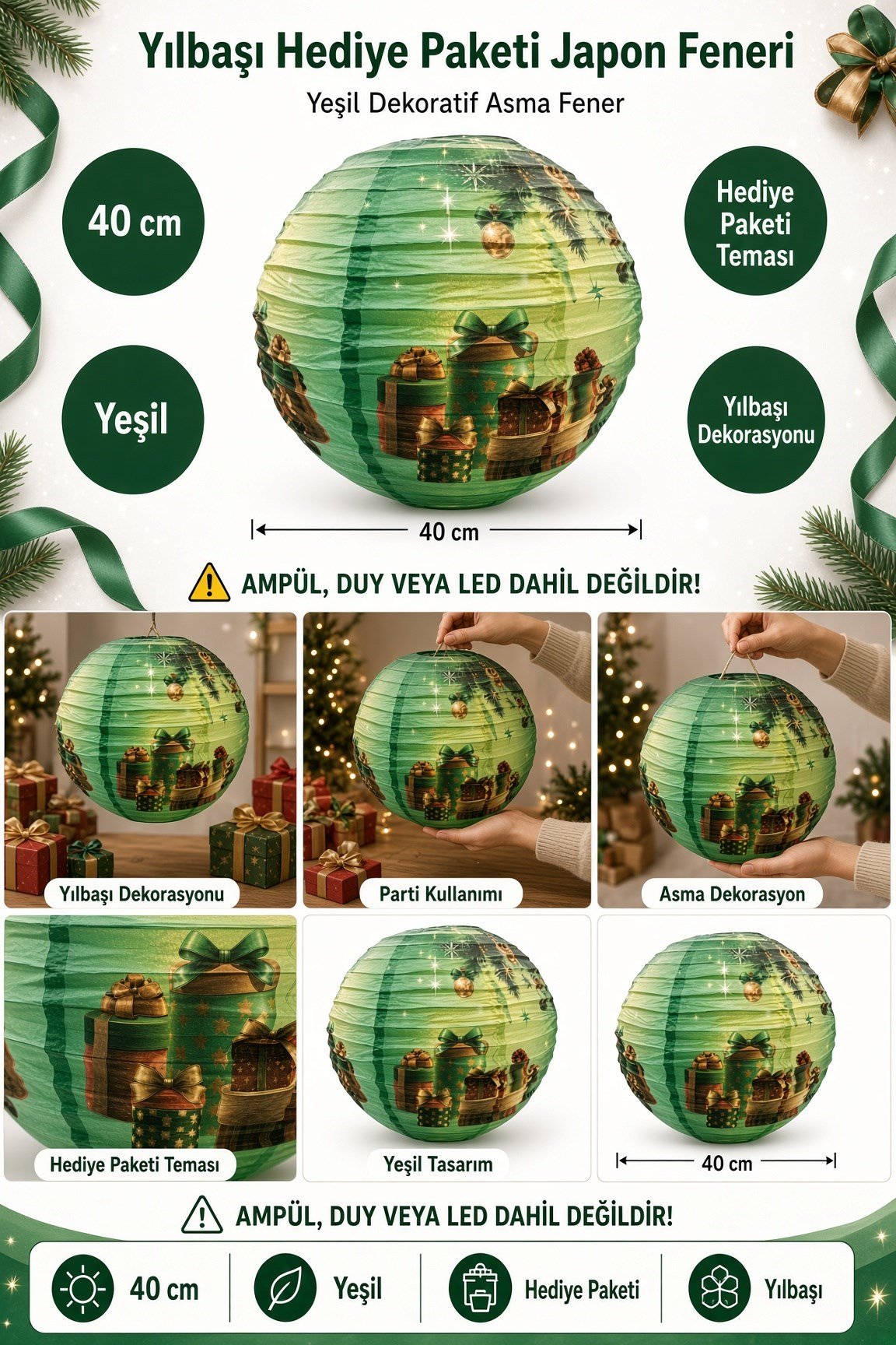 Yılbaşı Japon Feneri 40 Cm Yeşil Hediye Paket Temalı