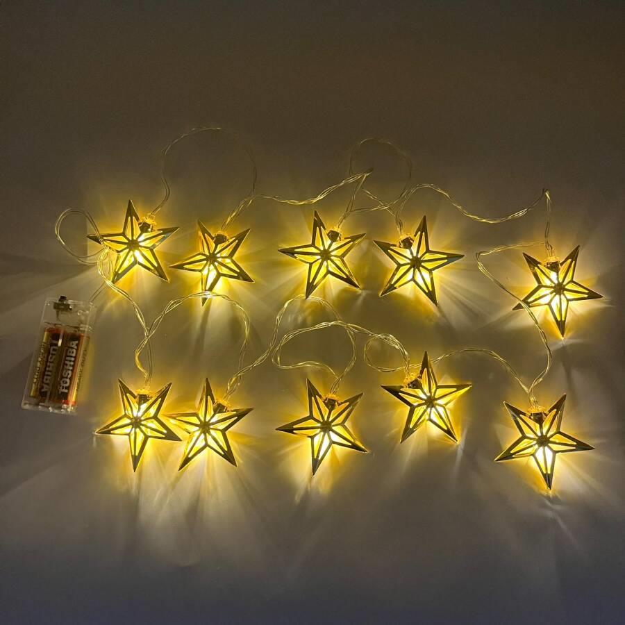 Yılbası Led Işık 3D YILDIZ altın 10 ışık 2m.pillil