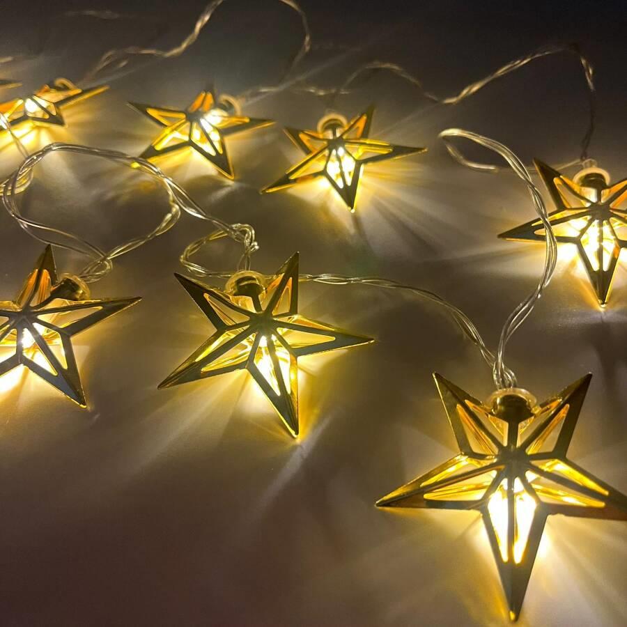 Yılbası Led Işık 3D YILDIZ altın 10 ışık 2m.pillil