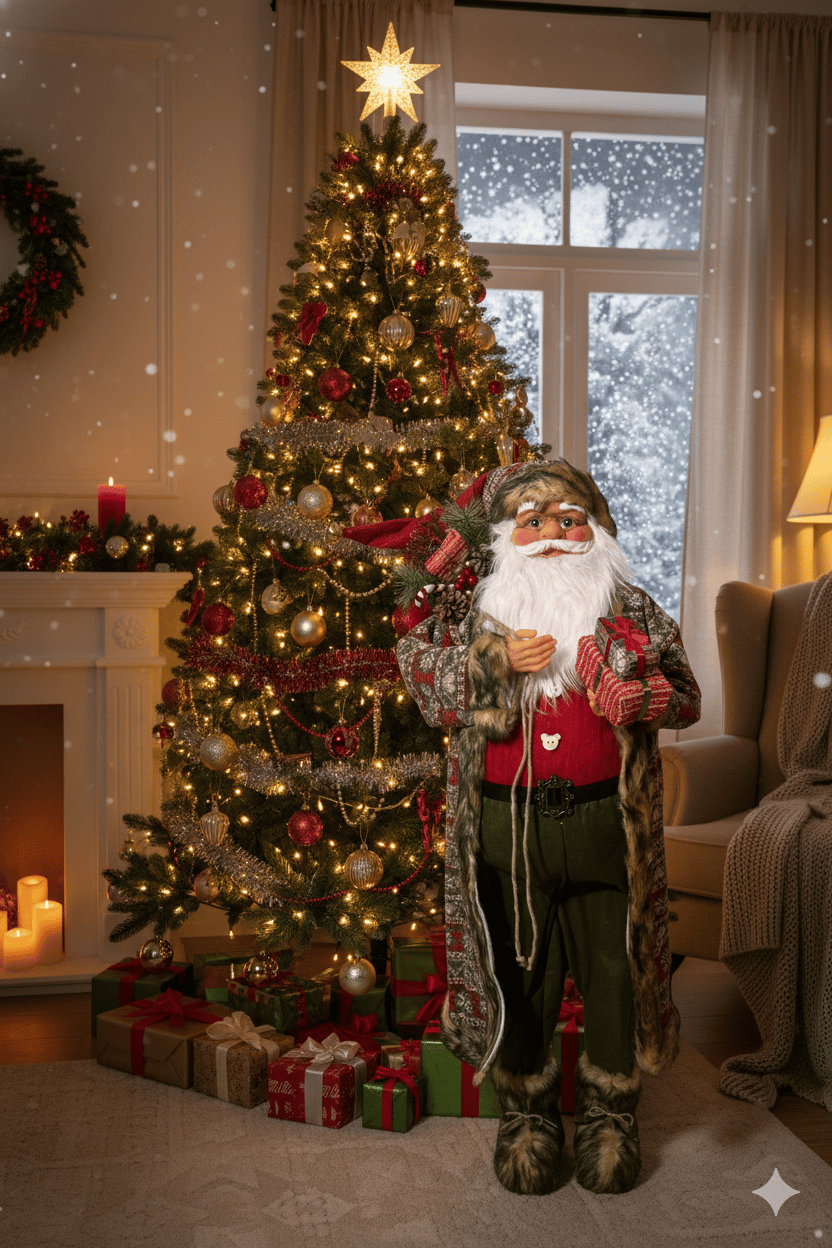 Yılbaşı Noel Baba 120 cm Ekose Kostümlü Hediye Paketli Lüks Özel tasarım ayakta duran noel baba