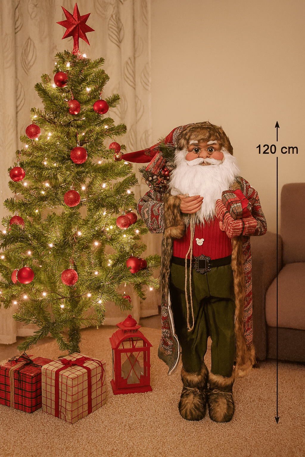Yılbaşı Noel Baba 120 cm Ekose Kostümlü Hediye Paketli Lüks Özel tasarım ayakta duran noel baba