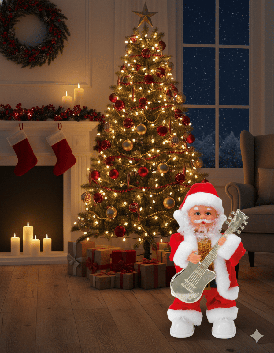 Yılbaşı Noel Baba 25cm Gitarlı Hareketli Pilli Sesli