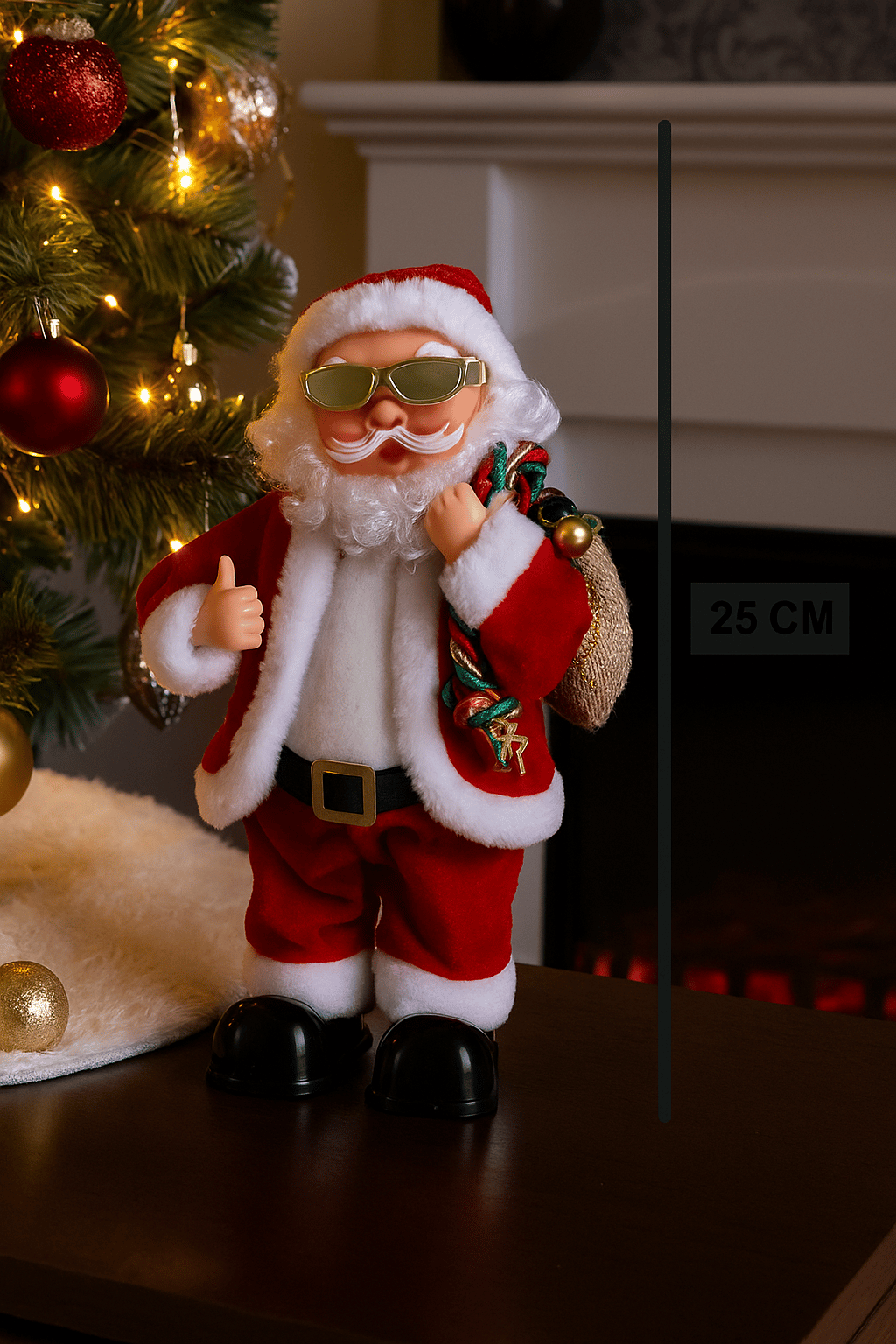 Yılbaşı Noel Baba 25cm Gözlüklü Hareketli Pilli Sesli