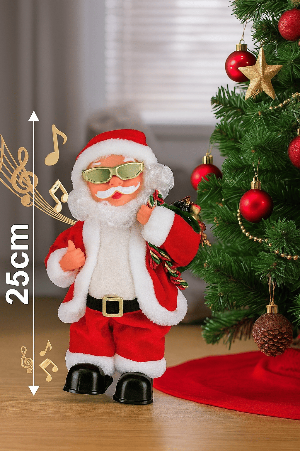 Yılbaşı Noel Baba 25cm Gözlüklü Hareketli Pilli Sesli