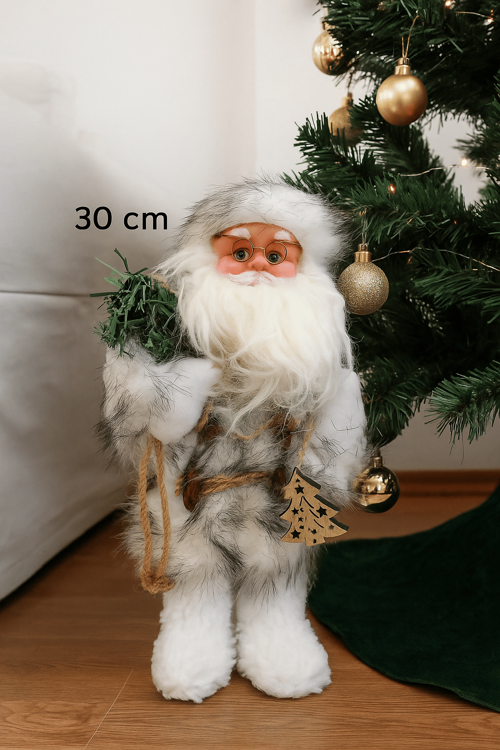 Yılbaşı Noel baba 30 cm Beyaz Ağaçlı Pilli Hareketli Sesli