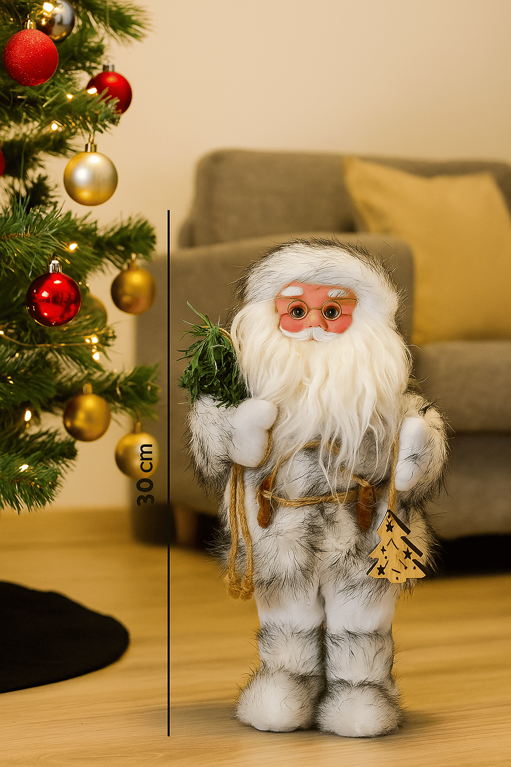 Yılbaşı Noel baba 30 cm Beyaz Ağaçlı Pilli Hareketli Sesli