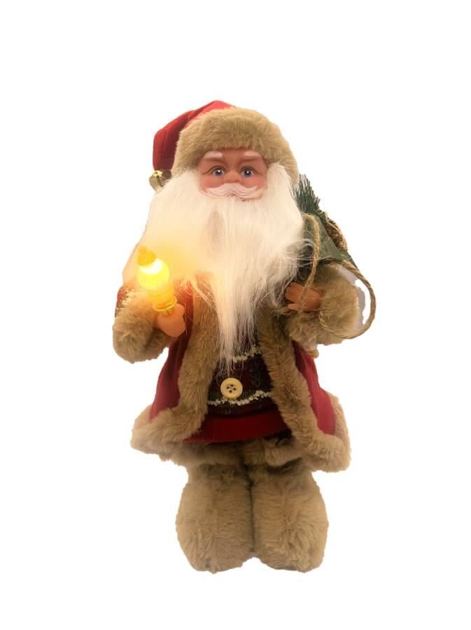 Yılbaşı Noel Baba 30 cm Lambalı Kahverengi Şapkalı Pilli Hareketli Sesli