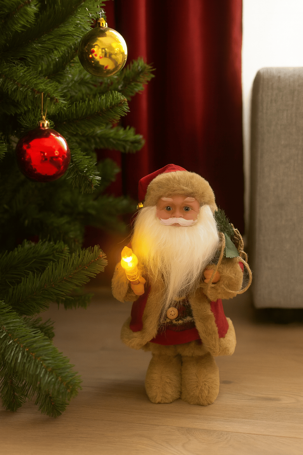 Yılbaşı Noel Baba 30 cm Lambalı Kahverengi Şapkalı Pilli Hareketli Sesli
