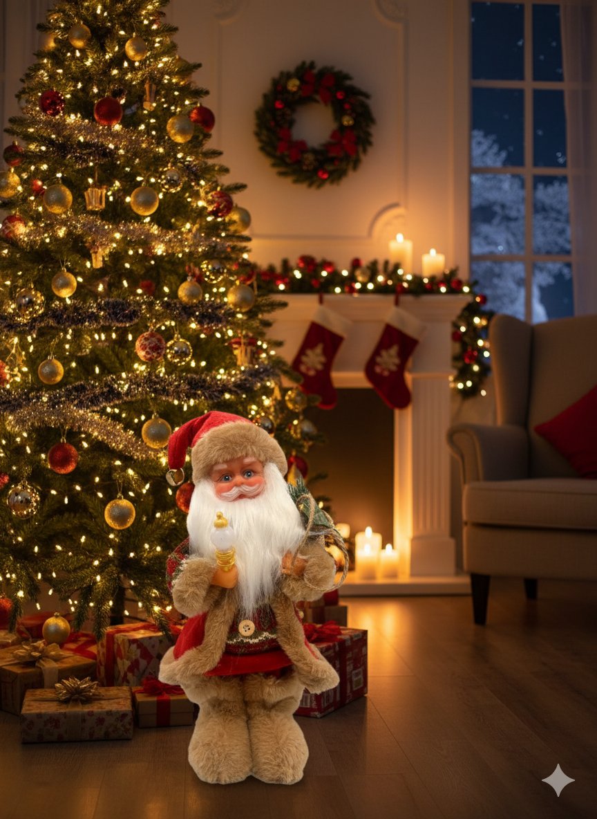 Yılbaşı Noel Baba 30 cm Lambalı Kahverengi Şapkalı Pilli Hareketli Sesli