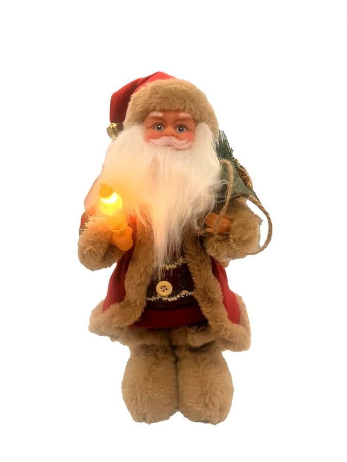 Yılbaşı Noel Baba 30 cm Lambalı Kahverengi Şapkalı Pilli Hareketli Sesli