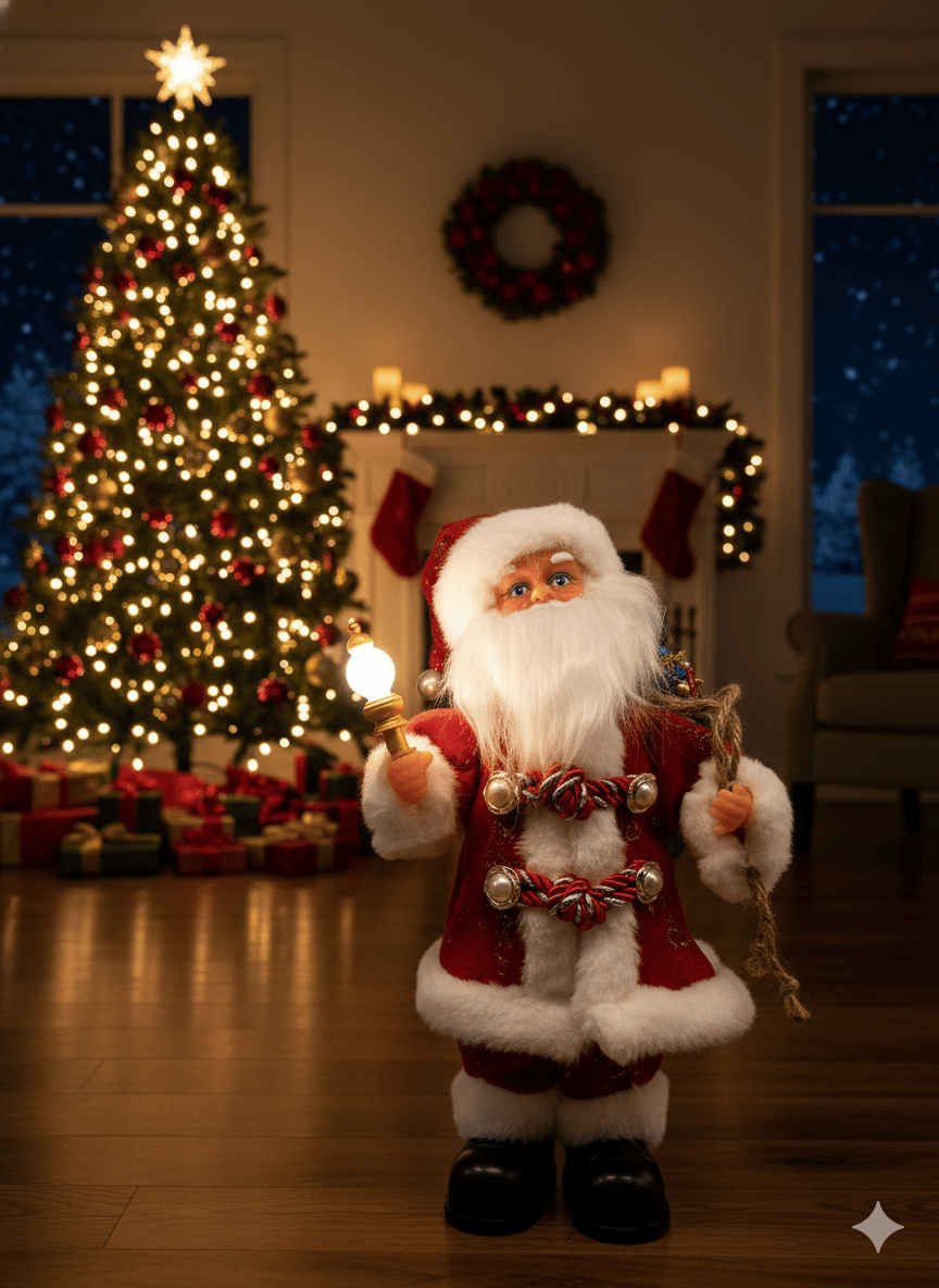 Yılbaşı Noel Baba 30 cm Lambalı simli hareketli Pilli Sesli
