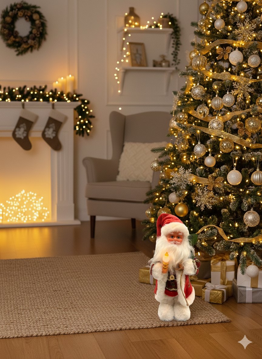Yılbaşı Noel Baba 30 CM Lambalı Yeşil Ekoseli Hareketli SESLİ