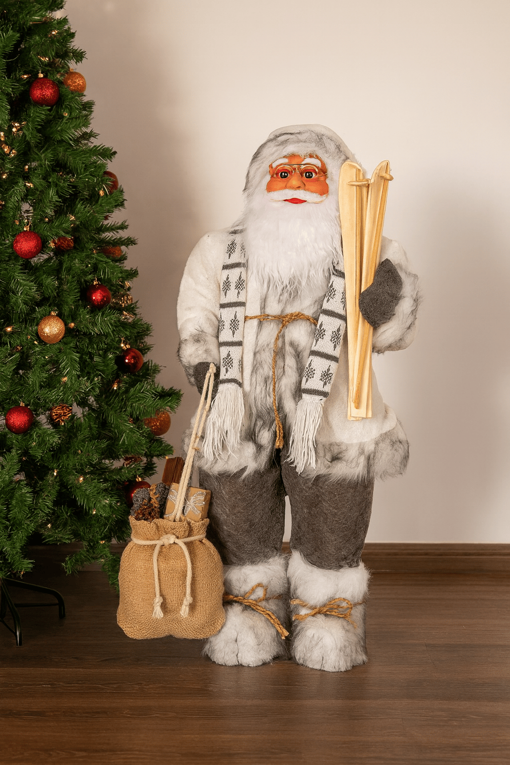 Yılbaşı Noel Baba120cm Beyaz Kostümlü Kayaklı Mod 