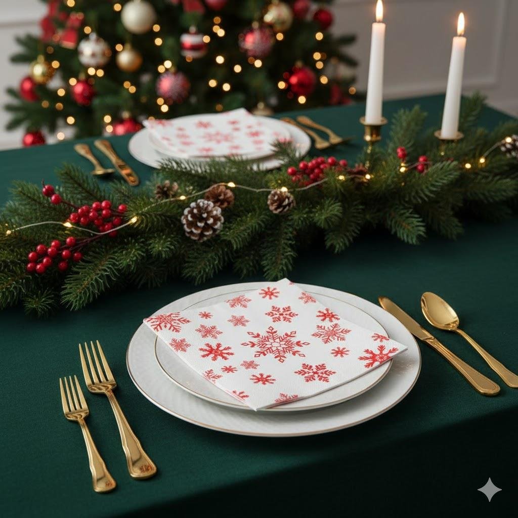 Yılbaşı peçete beyaz üstü kırmızı kartaneli 16lı