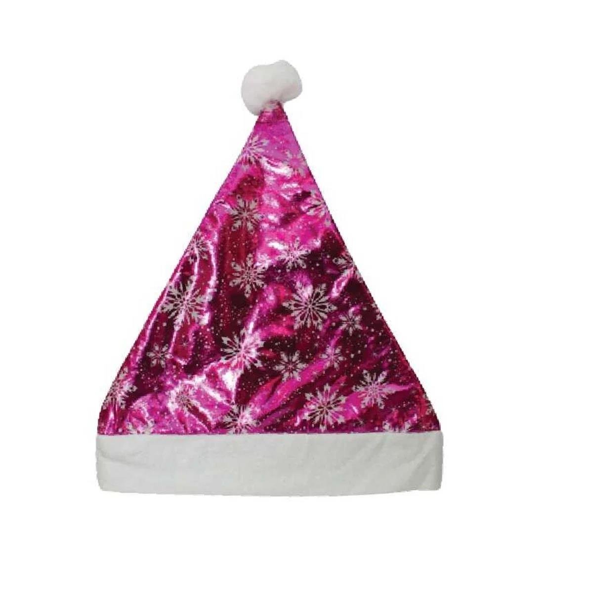Yılbaşı Şapkası Parlak Kadife Noel Baba Fuşya  Kartanesi Desenli Kafa Tam Tur 58 cm