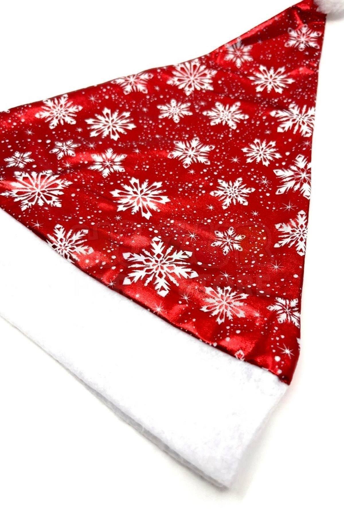 Yılbaşı Şapkası Parlak Kadife Noel Baba Kırmızı  Kartanesi Desenli Kafa Tam Tur 58 cm