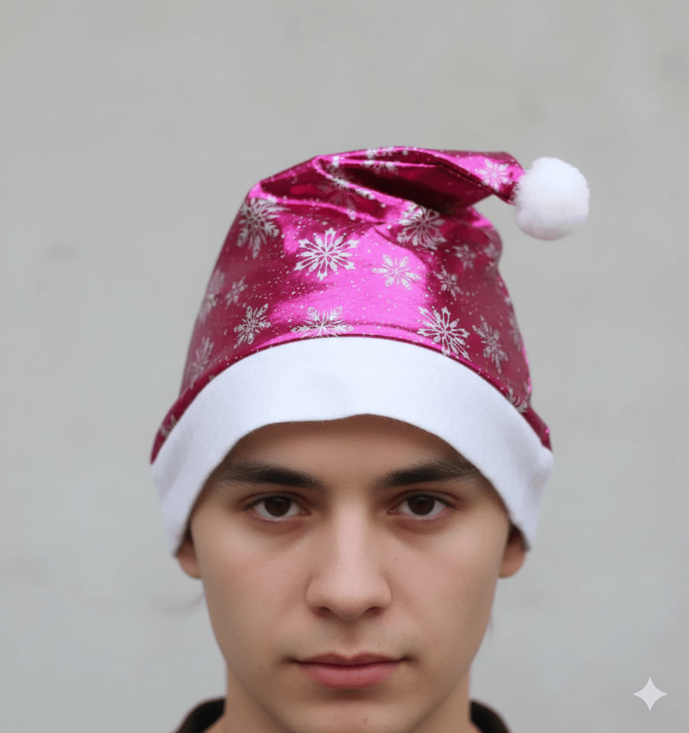 Yılbaşı Şapkası Parlak Kadife Noel Baba Fuşya  Kartanesi Desenli Kafa Tam Tur 58 cm